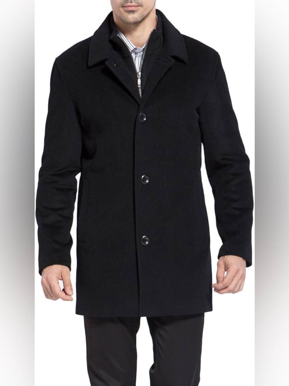 BOSS Mens Black Wool Blend Overcoat with Zip-Front Inner Layer